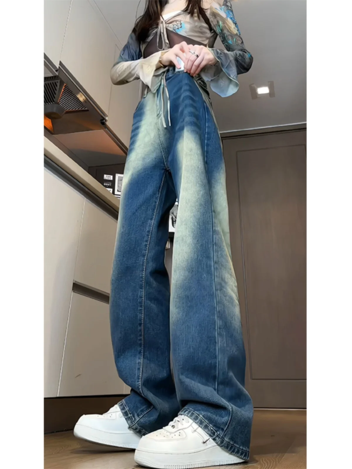 

American Retro Tie Dye Men's High Waist Loose Straight Leg Jeans Long Pants High Sensation Cool Slim Wide Leg Pants