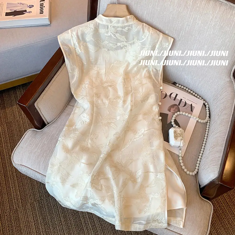 Elegant Summer New Chinese Style Button Embroidered Sleeveless Improved  Dress Women's Slimming Short Skirt view 4