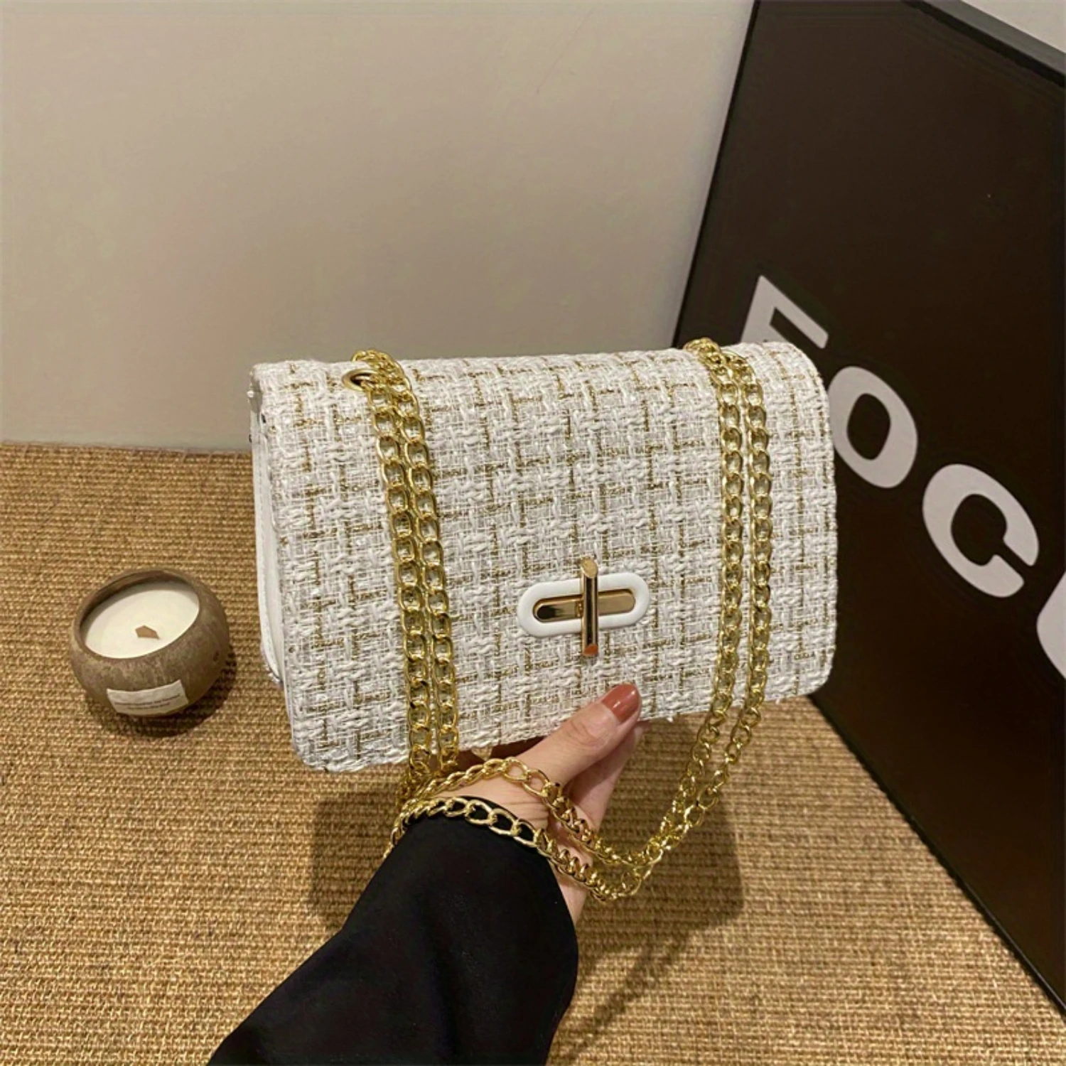 Luxury Tweed Shoulder Bag, Trendy Chain Crossbody Bag, Women's Small Handbag & Square Purse