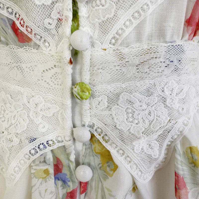 Rétro Vaion imprimé brodé lin lourd Dr V Ne bouton fée longue Dr femmes taille haute une ligne jupe