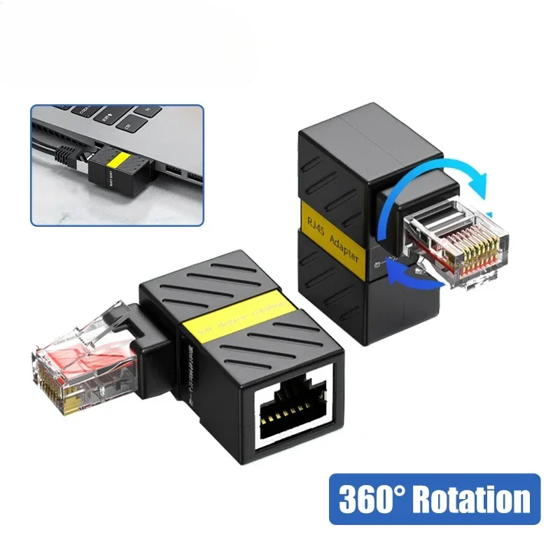 RJ45 360° Rotatable Network Plug RJ45 90 Degrees Right Angle Elbow Gigabit Adapter Universal Connector Male to Female Converter