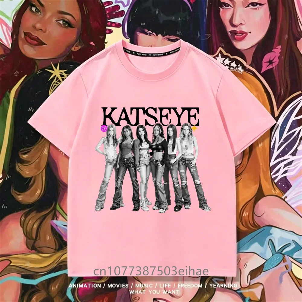 KATSEYE Girls Graphic T Shirt Korean Pop Group Member Photo Letter Print Breathable Summer Casual Top Fashion Daily Street