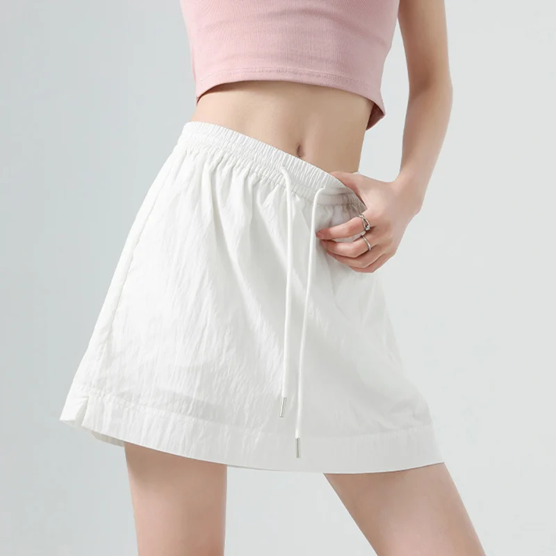 

Sport Style Elastic Waist A Line Skirts Women 2025 Summer Solid Color Shorts Skirt Woman Pocket High Waisted Mini Skirts Female