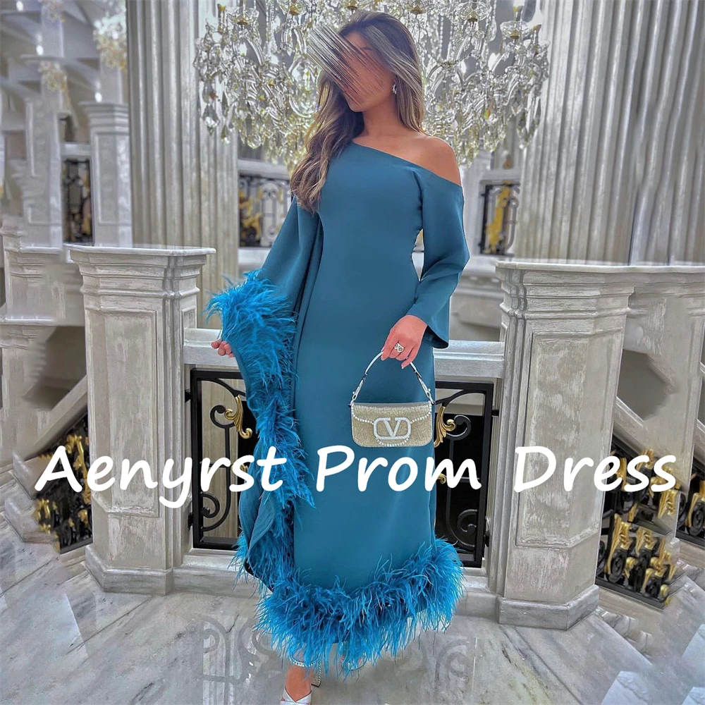 Aenyrst Blue Feathers Diagonal Collar Prom Dresses Long Sleeves A Line Evening Gowns customized Tea Length Formal Occasion Dress