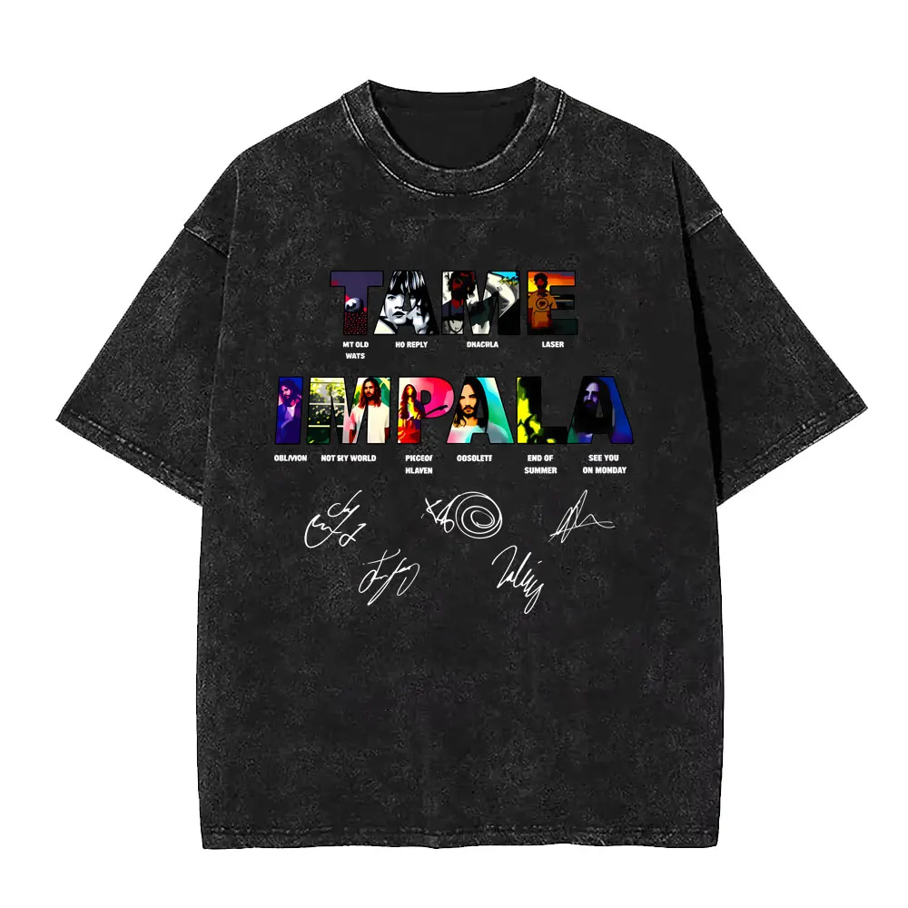 VintageWashed Pop Rock Band Tame Impala Music Album Cover Graphic Print T Shirt Men Women Casual Retro Cotton Oversized T-shirt