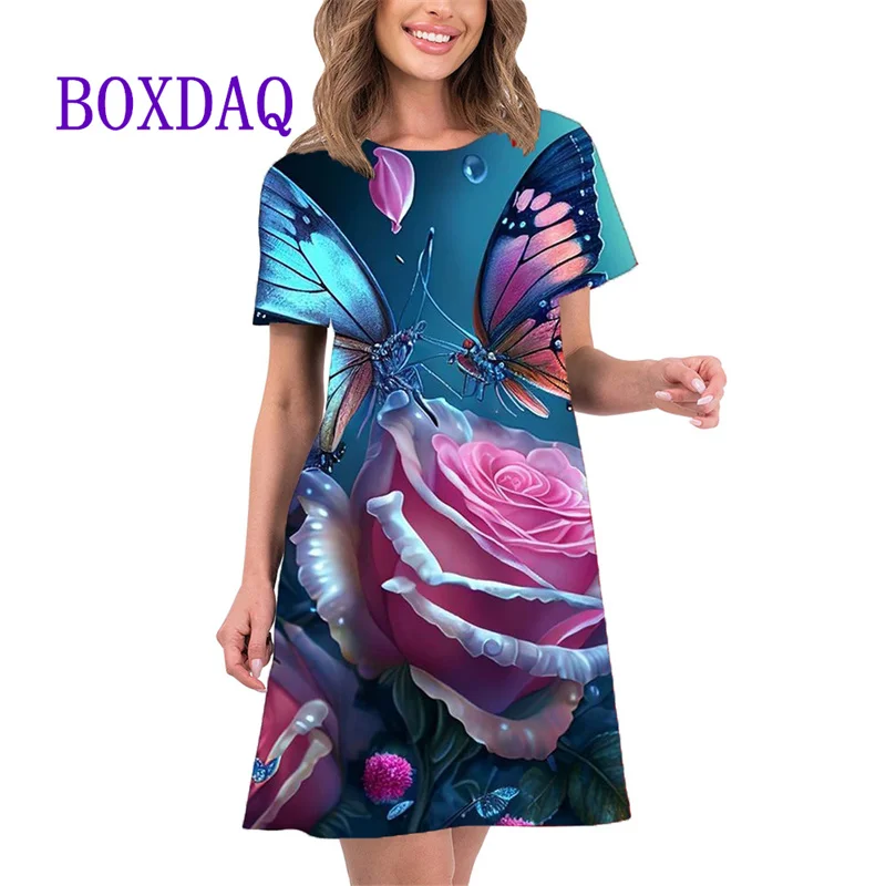 New Women's Dresses 3D Floral Printing Elements Elegant Casual Short Sleeve A-Line Dresses Y2K Fashion Women's Dresses Summer