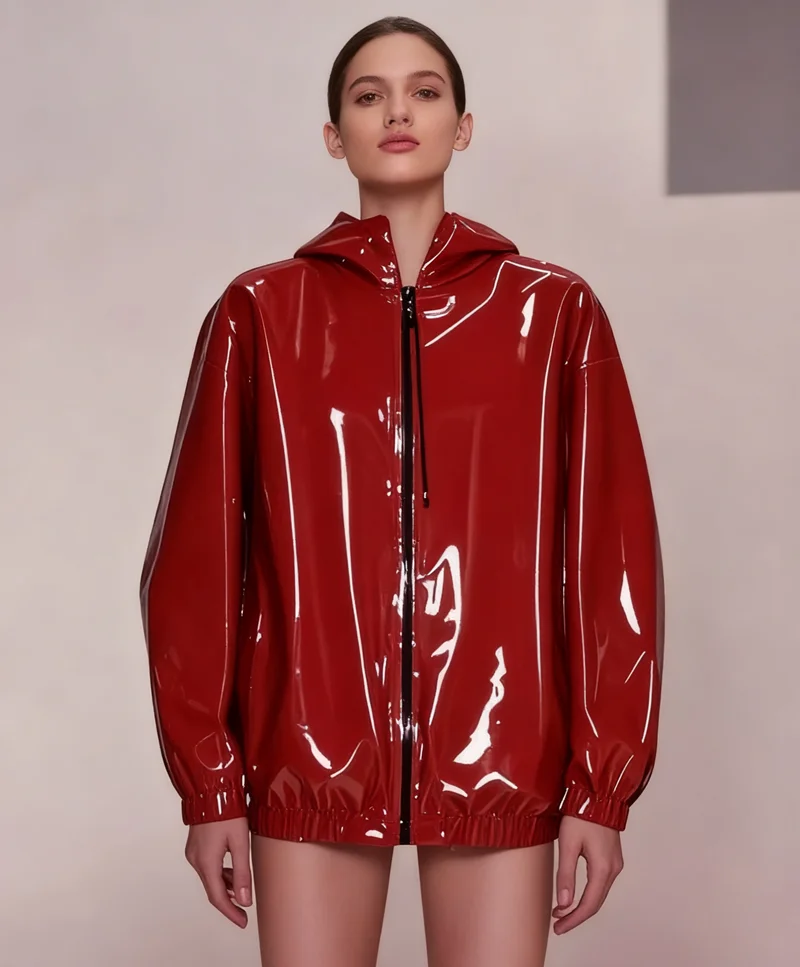 

100% Latex Rubber hooded suit top Fashionable sports jacket Halloween Cosplay