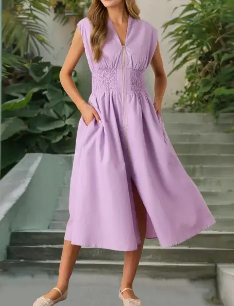 

Women's Dress 2025 Summer Sexy Waist Cinching Temperament V-Neck Pleated Zipper Cardigan Dress Shipped Within 48 Hours