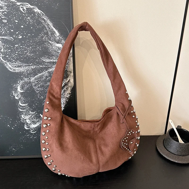 Bolsos de hombro de hilo de coser de gamuza sintética para mujer, bandolera versátil de estilo Retro para ir al trabajo, a la moda, otoño 2024