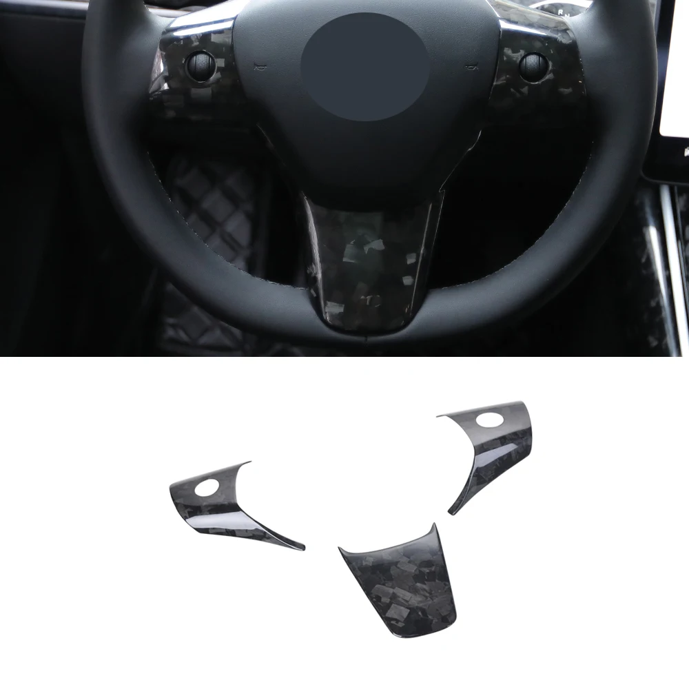 3pcs Real Dry Forged Carbon Fiber Steering Wheel Cover Decor Trim For Tesla Model 3 Model Y 2017up