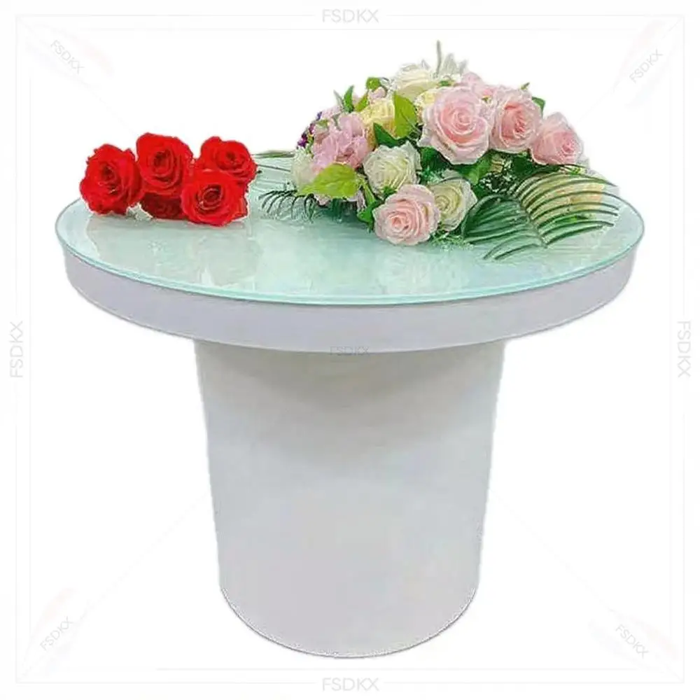 FSDKX White Base Gold Stainless Steel Round Mirror Glass Top Wedding Cake Table