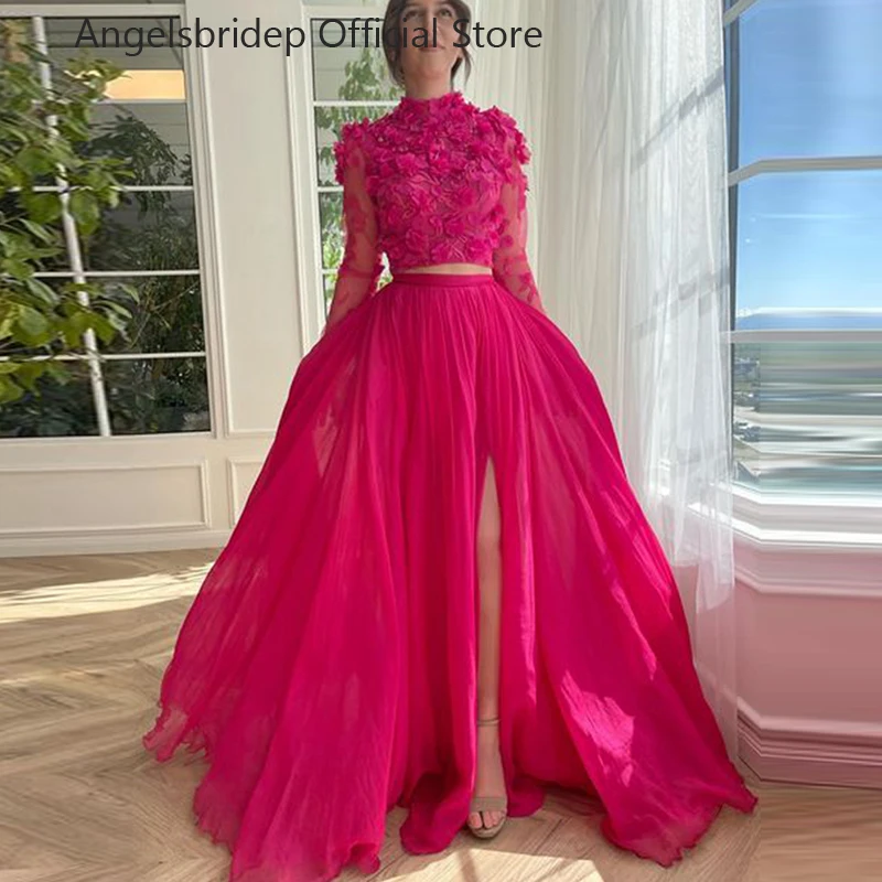 

Angelsbridep High Neck Tulle Evening Dresses Leg Slit Two Pieces Formal Dress A-line Evening Gowns Vestidos De Noche Prom Gowns
