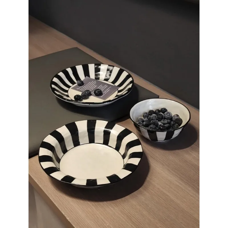 Vajilla de Cerámica a Rayas Blancas y Negras, Platos Hondos, Plato Tipo Sombrero de Paja, Plato de Cena Elegante para el Hogar, Plato para Pasta Italiana