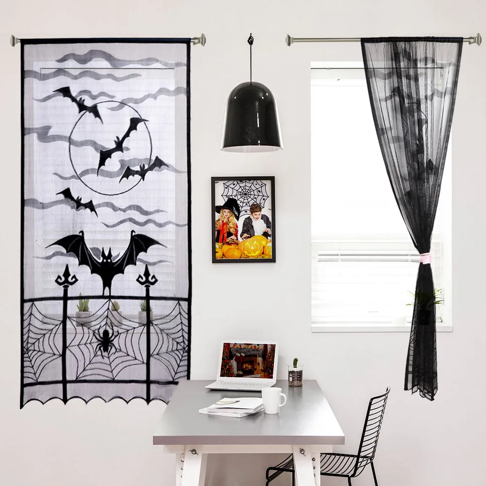 Ourwarm Spider Bat Curtains Halloween Lace Black Doorway Party Event Festival Window Drapes Home Decor