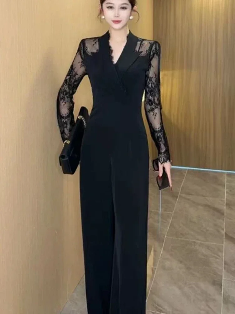

Luxury Elegant Lace Patchwork Black Jumpsuit Women Summer High Waist Long Sleeve Jumpsuits Combinaison Femme Overalls