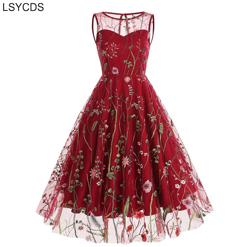 LSYCDS Elegant Summer Dress Floral Embroidered Mesh Overlay Retro Vintage Long Dresses for Women High Waist Birthday Party Dress