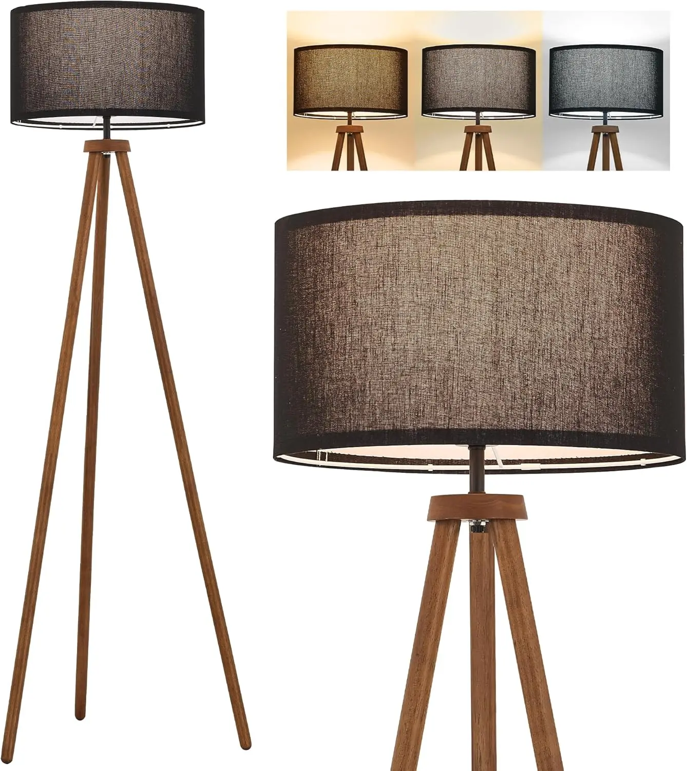 

Modern Wood Tripod Floor Lamp with Black Drum Shade, 3-Color LED Bulb, ETL Listed