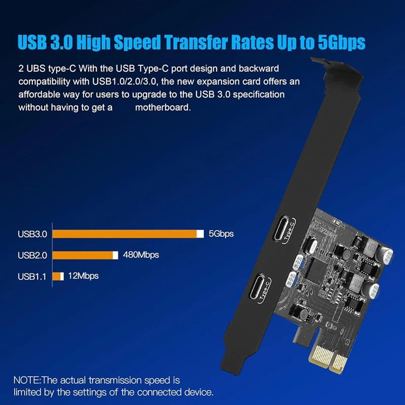 PCI Express x1からデュアルUSBC拡張カード,2ポート,タイプCエクステンダー,コンバーター,コンピューター用ライザー,pcie,1x,5gbps