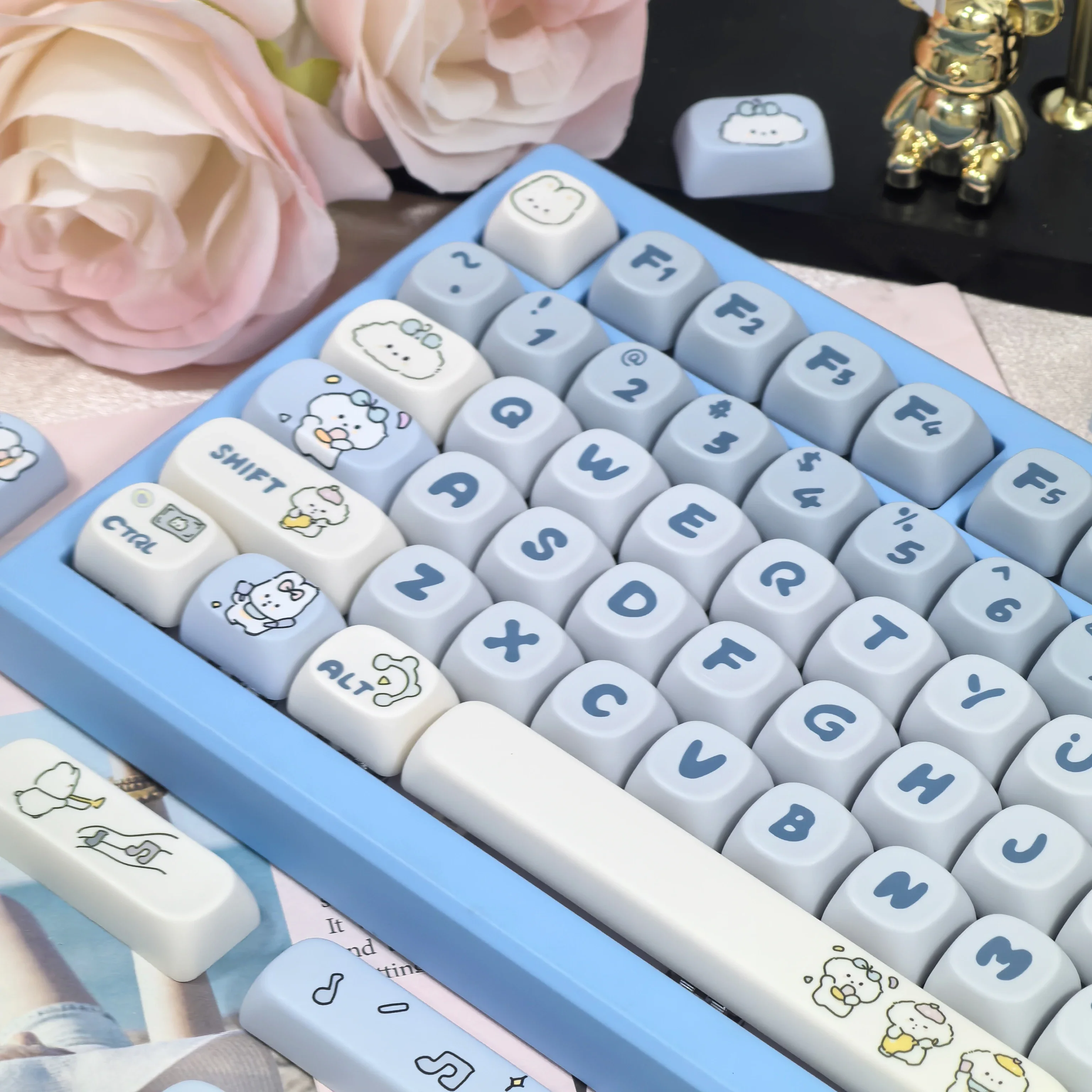 Keycap kelinci biru tema 112Key MOA PBT sublimasi untuk Keyboard Diy anak anjing berbintik Keycap anjing musik