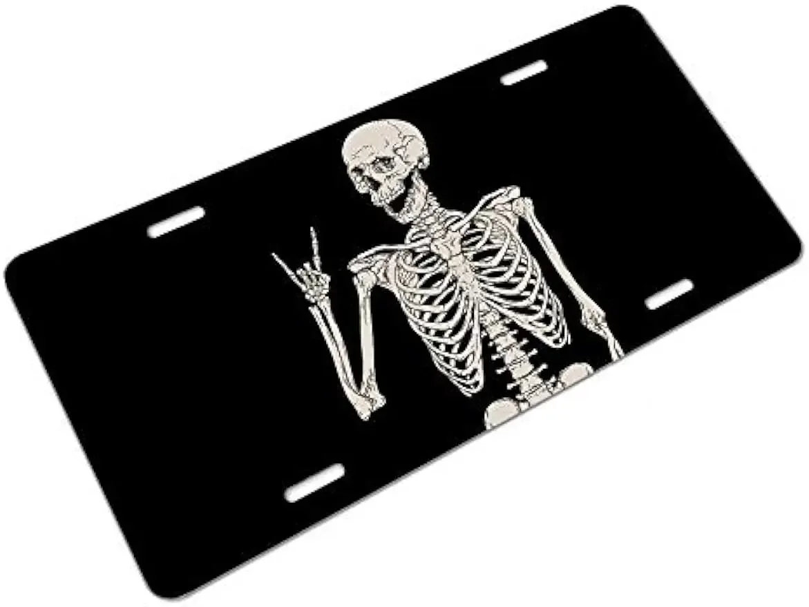 Skull Human Skeleton License Plate Human Skeleton Posing Isolated Metal Novelty License Plate Tag for US Vehicle 6 X 12 Inch