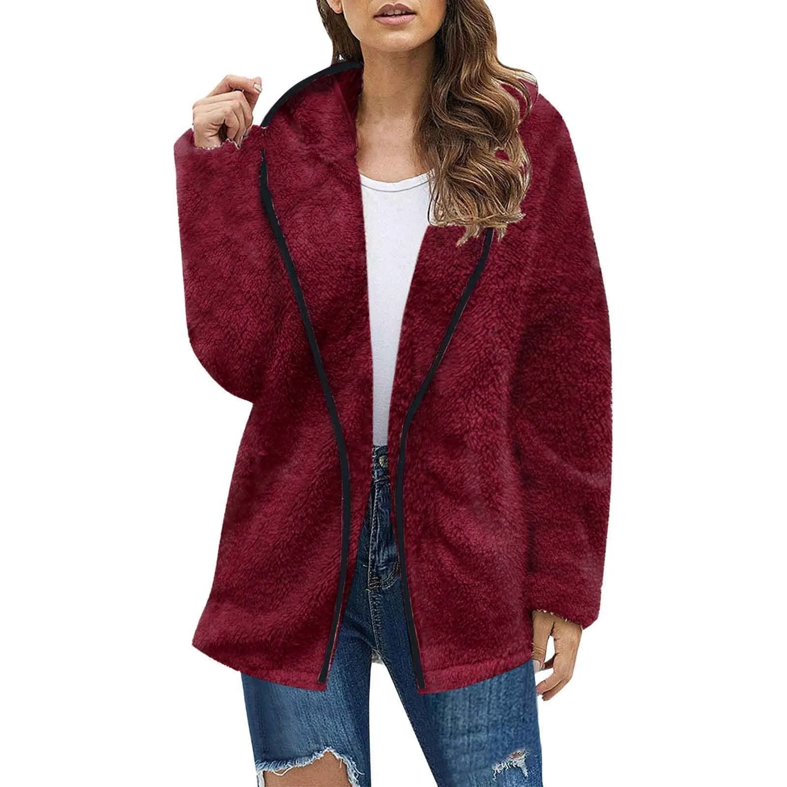 Women\'s Solid Color Long-sleeved Cardigans Fleece Loose and Warm Mid-length Plush Windbreaker Lamb Wool Coat Fleece Jacket