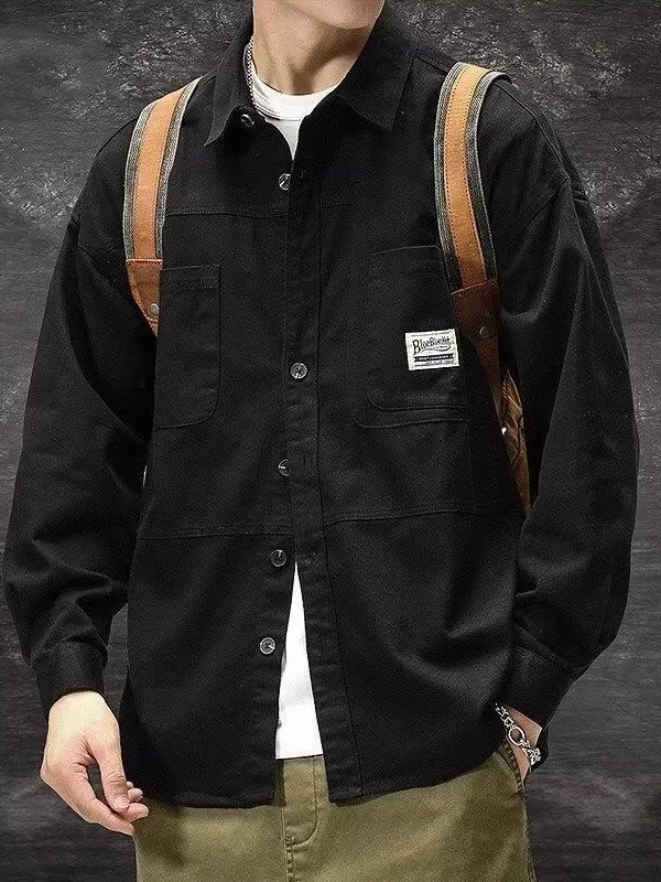 

Long Sve Loose Fit Casual irt for Men Dirt Resistant Workwear Jaet Vintage Sle Cotton Polyester Blend Autumn Wear