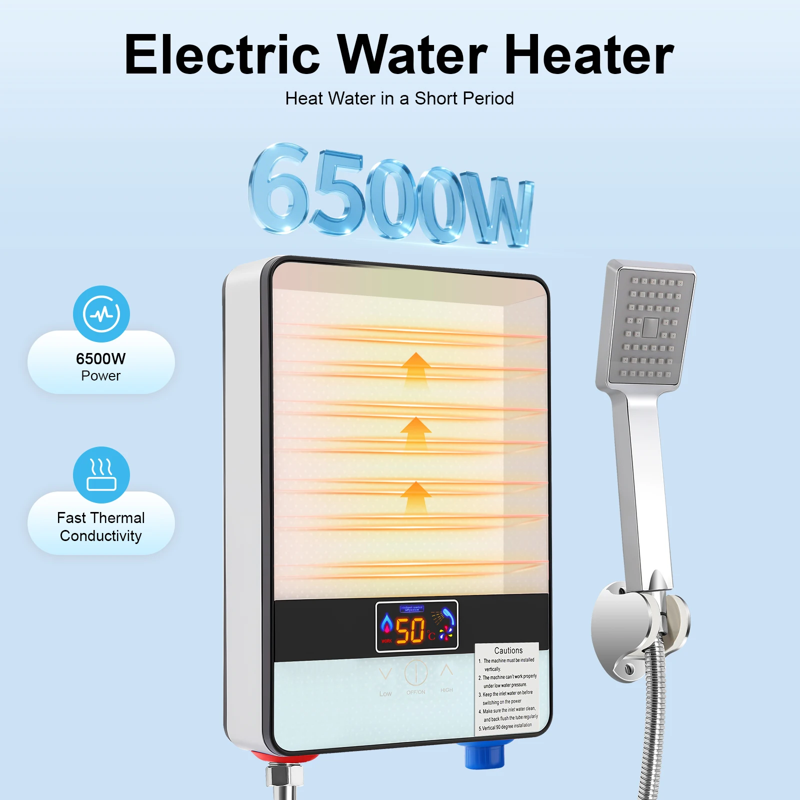 Chauffe-eau électrique avec écran tactile LED, 6500 W 220 V, expérience de bain confortable pour la maison, l'école, l'hôpital, le bureau, le bar