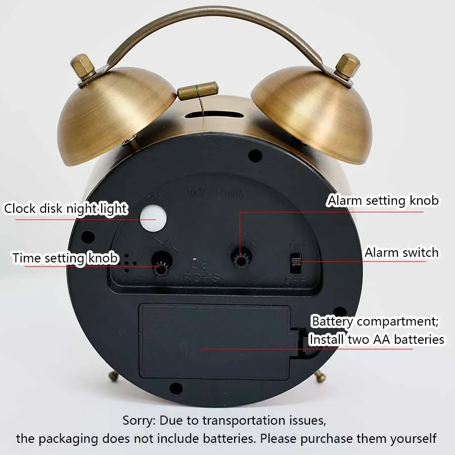 4.5-inch vintage electroplated metal alarm clock, loud ringing alarm clock, clock face with backlight, home bedside ornament