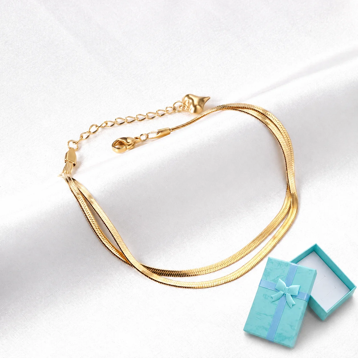 Mit Geschenkbox Doppellagiges Schlangen-Fischgrät-Ketten-Fußkettchen für Frauen Edelstahl Gold Silber Farbe Minimalistischer Fußschmuck – Detail 1