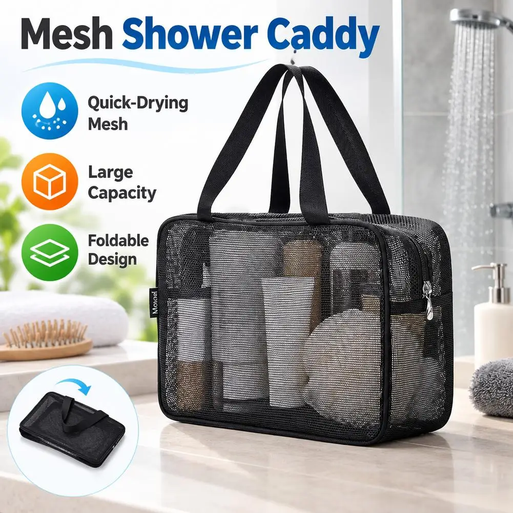 Portable Travel Mesh Toiletry Bag for Women Men, Large Quick Dry Mesh Shower Caddy Bag Tote for Bathroom Gym Camping with Handle