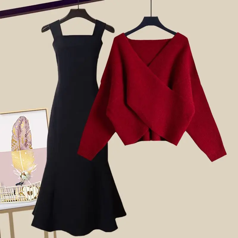 Autumn Set 2023 New Large Women's Korean Edition Slim Cross Knitted Sweater Strap Fishtail Skirt Two Piece Set Fashion