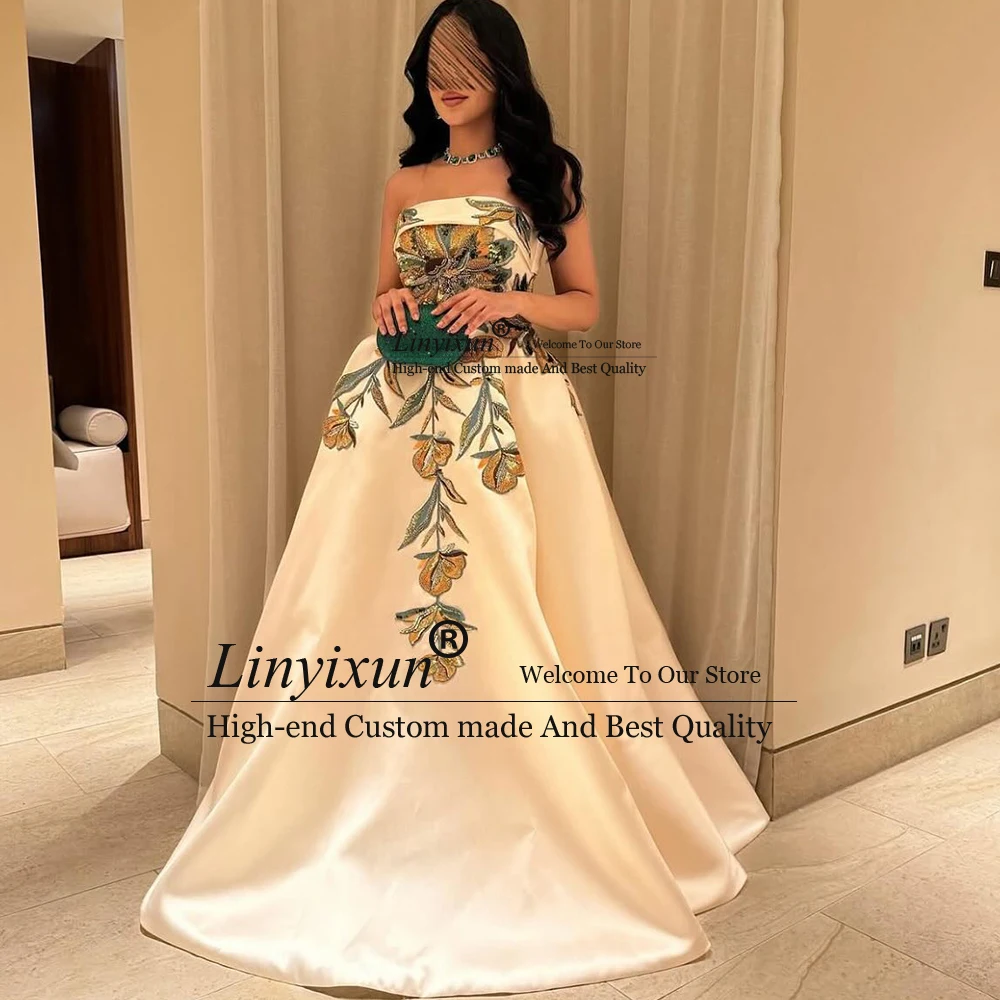 Elegante Kristallen Bloem Avondfeestjurken A-lijn Strapless Diner Galajurk Op maat gemaakte فستان ienгаjne__ecturaрири