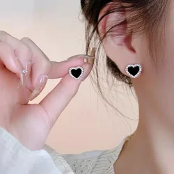 Black Color Crystal Heart Stud Earring for Women Korean Simple Enamel Geometry Temperament Jewelry Christmas Girlfriend Gift