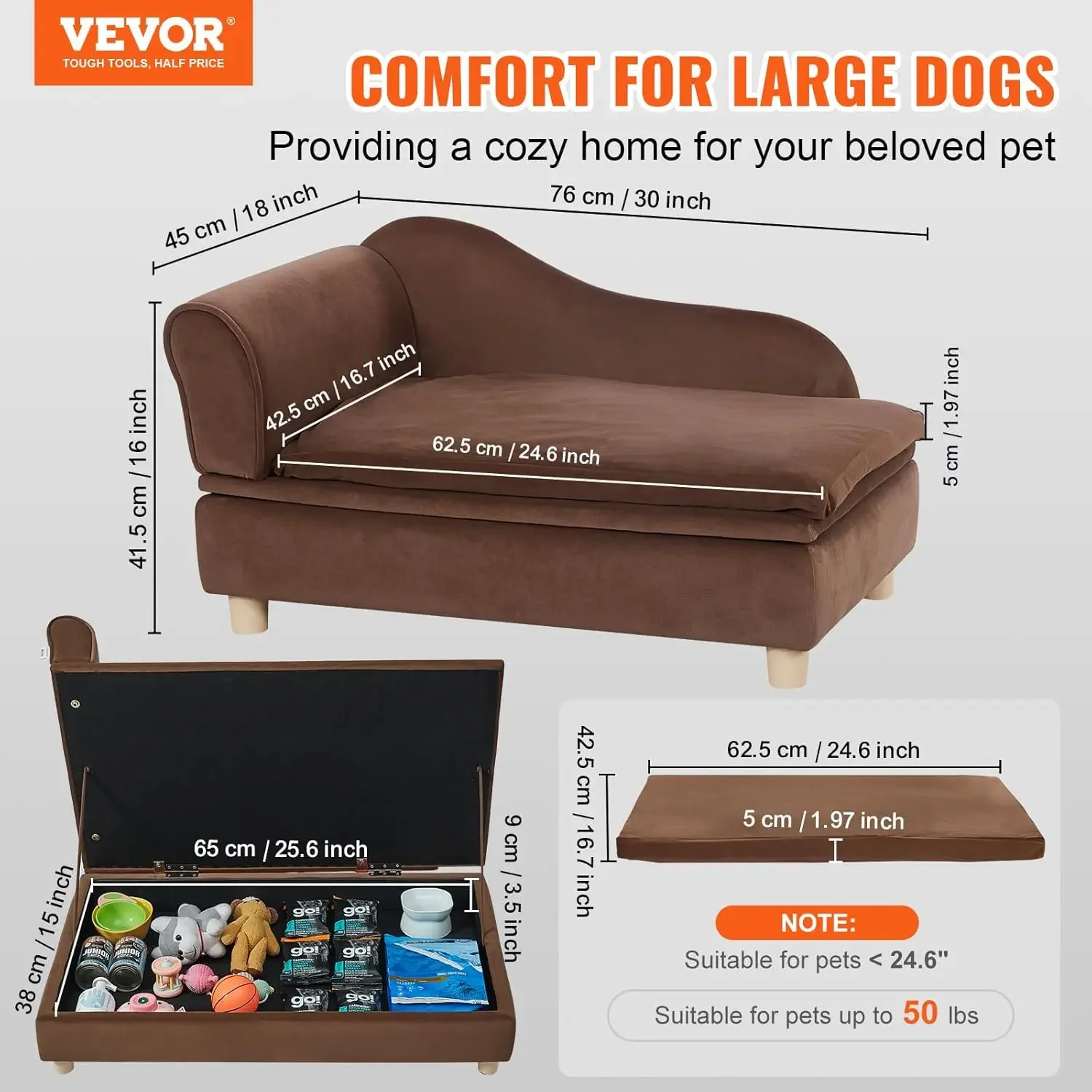 Pet Sofa,Dog Couch for Medium-Sized Dogs and Cats,Soft Velvety Dog Sofa Bed,60 lbs Loading Cat Sofa, Dark Brown