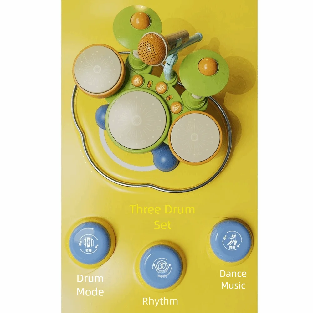 BPA Free Jazz Drum Set Toys Wear Resistant With Microphone Kids Drum Set Adjustable Volume Light Up Musical Montessori Toys