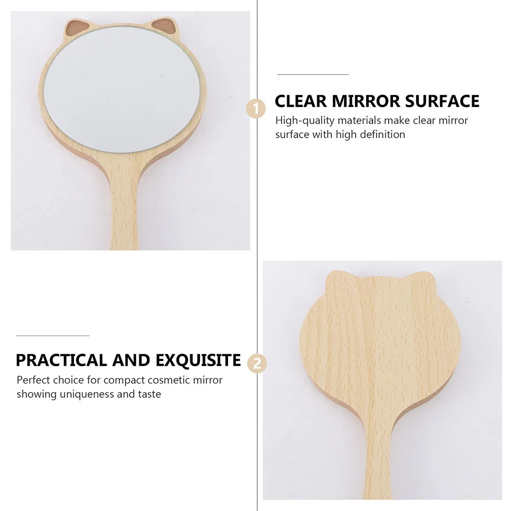 

2pcs Cat Ears Makeup Handheld With Handle Hd Glass Wooden Beauty Mirrors Portable Hairdressing Mirrors For Home Office