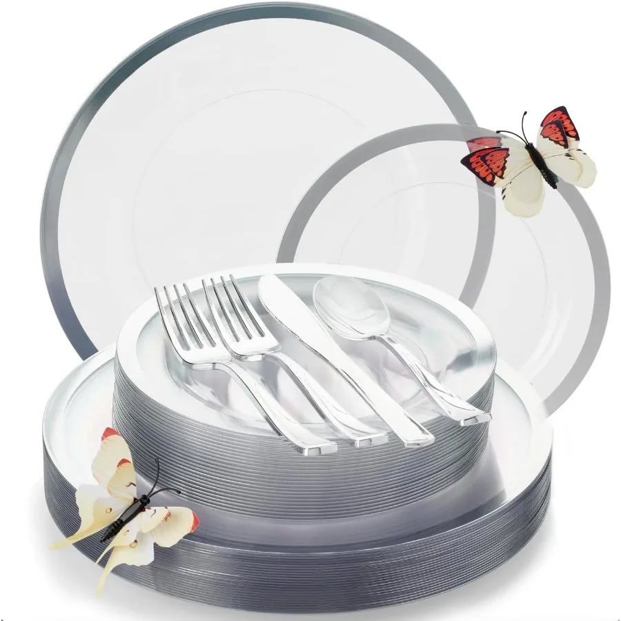 

Heavyweight 150 Pcs Clear and Silver Disposable Plates with Silver Party Plates and Utensil Set for Elegant Table Settings Comp