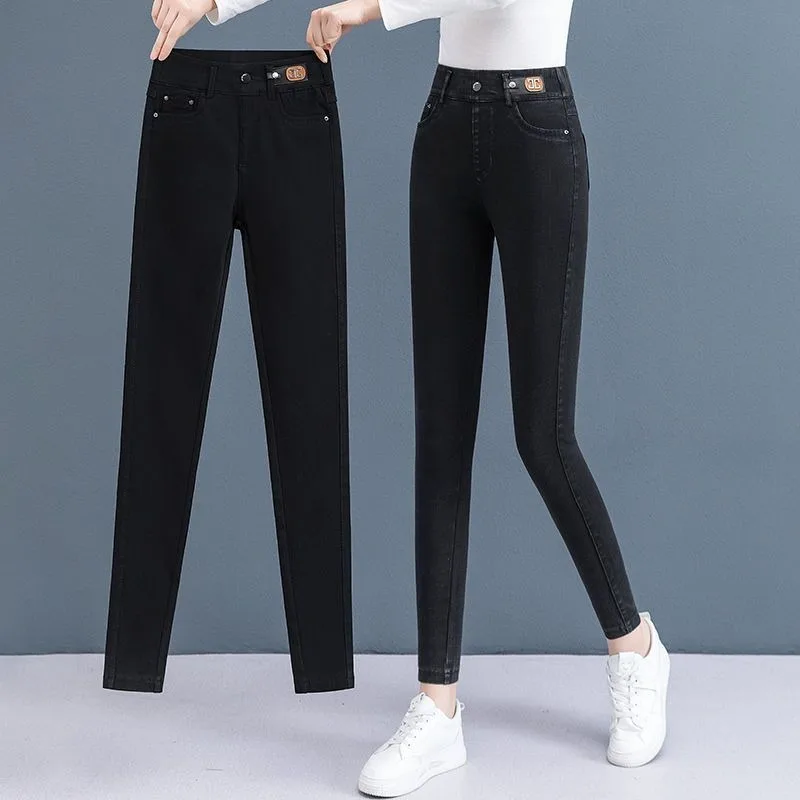 2023 Women Autumn and Winter Jeans with Thick Lamb Fleece High Stretch Small Foot Pants Warm Leggings Pencil Pants Outside