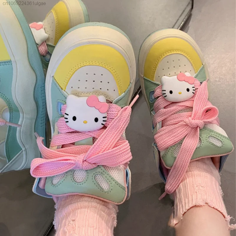 Buty Sanrio Hello Kitty blokujące kolor Y2k koreański Trend z okrągłym noskiem damskie wszechstronne trampki studenckie buty estetyczne