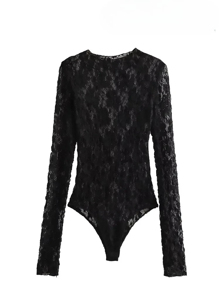 

TRAFZA Summer Lace Jumpsuits For Women Fashion New Long Sleeves Hollow Out Slim Onesies Female Chic Wild Women's Bodysuits