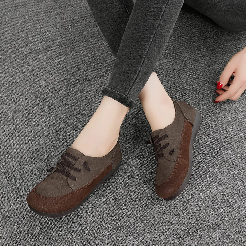 

Loafers Women Leather Shoes Casual Lace Up Flats Women Autumn Gray Lazy Handmade Genuine Leather Soft Women Flats Retro 2022