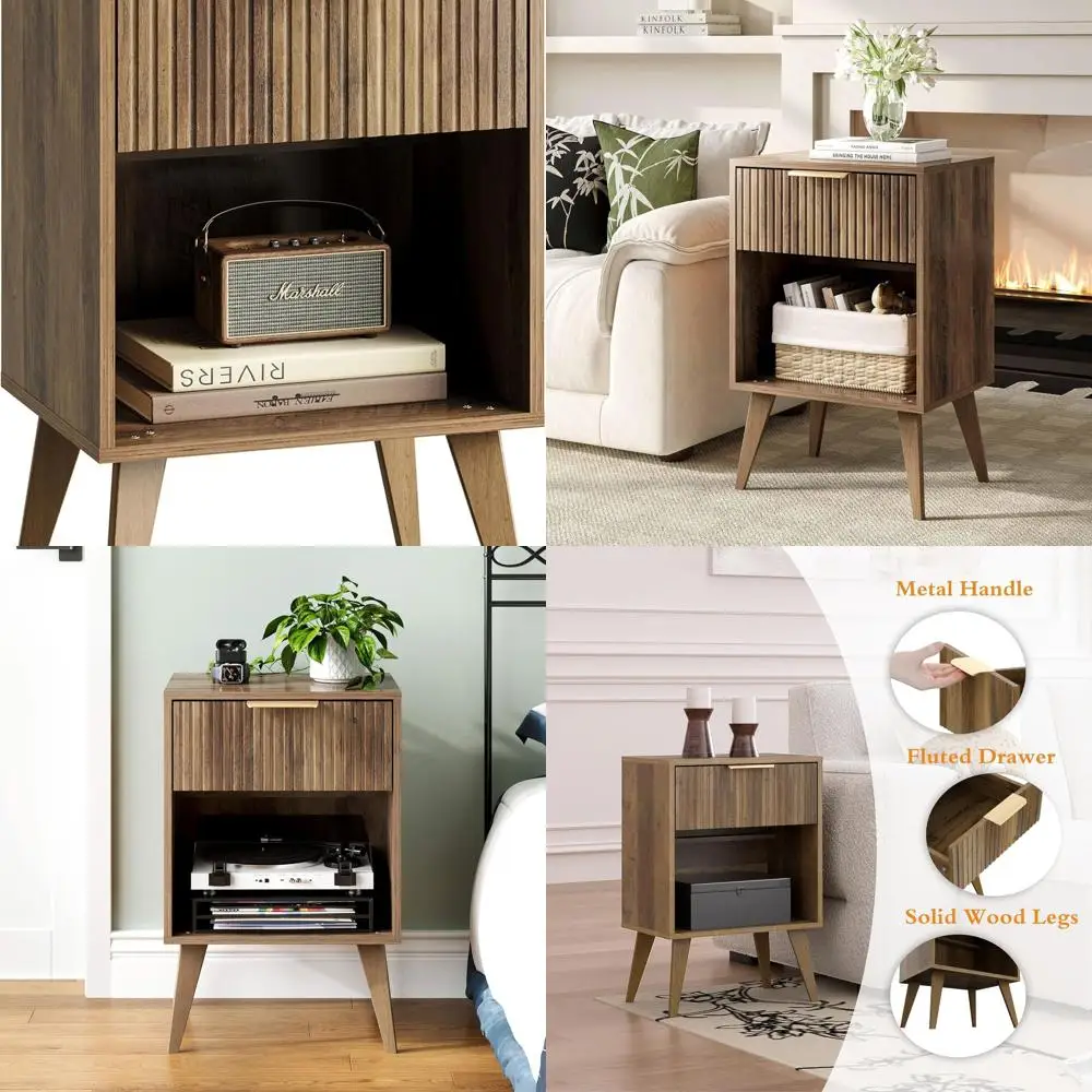 

Mid-Century Fluted Nightstand with Storage Drawer, Caramel Oak Wood Side Table for Bedroom and Living Room, 11.8D x 15.7W x 25.2