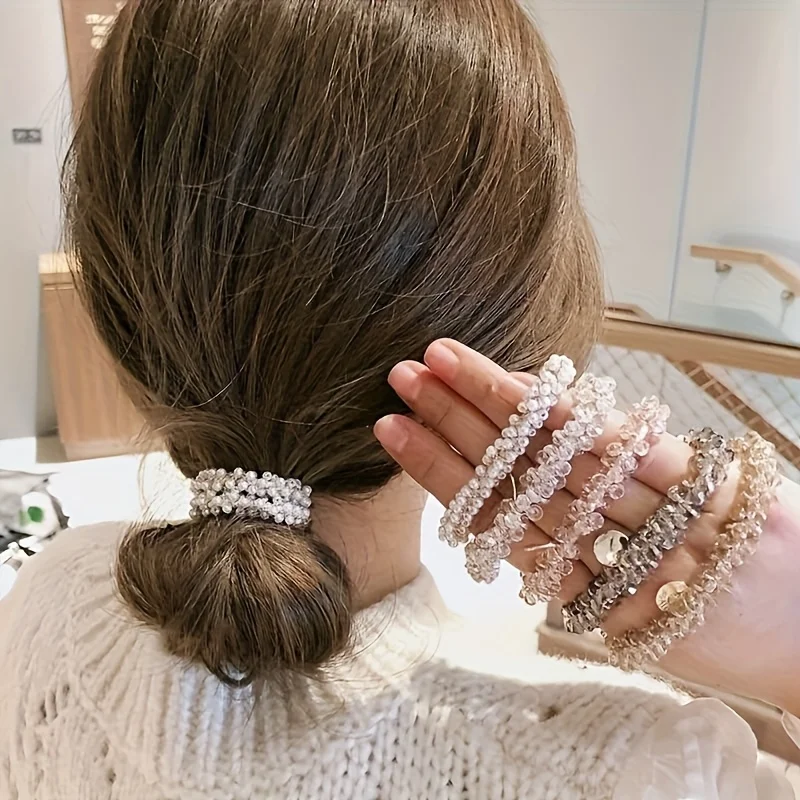 

5Pcs Fashion Crystal Bracelet Hair Ties 2-in-1 Elastic Hair Bands for Women