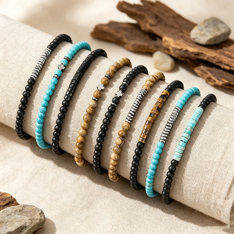 Stylish 3Pcs/Set 4mm Stone Men Bracelet Cross Matte Emperor Beads Healing Energy Strand Braslet Casual Yoga Charm Homme Jewelry