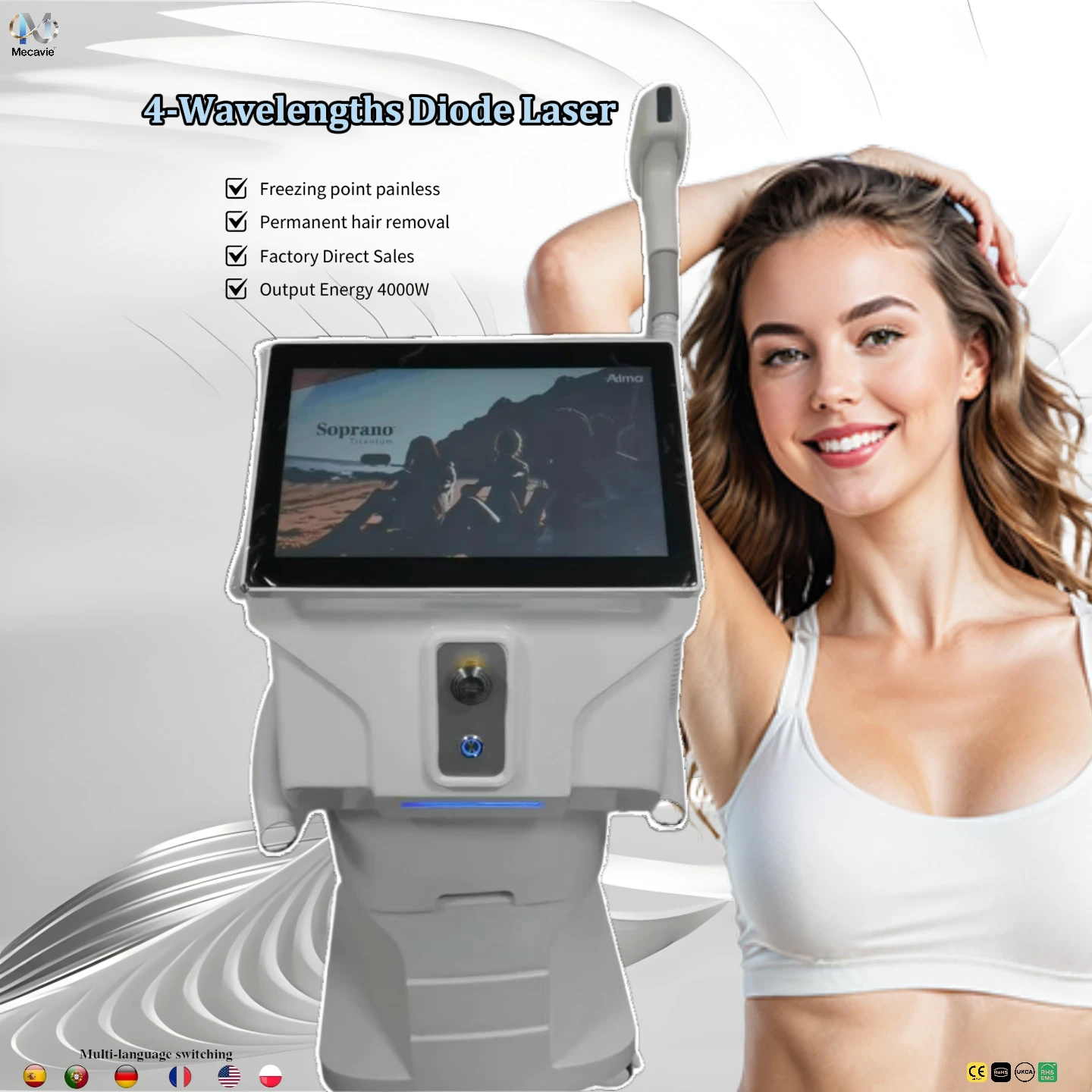 

Сертифицированная CE диодная лазерная система удаления волос 755 нм/808 нм/940 нм/1064 нм технология замораживания безболезненная и постоянная лучшая распродажа 2025 г.