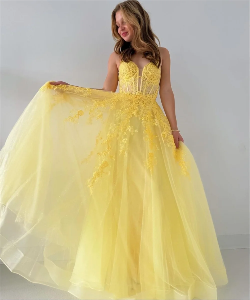 Jessica-Vestidos De Fiesta De tul amarillo con apliques bordados, vestido De princesa para graduación, corsé dulce, 2024