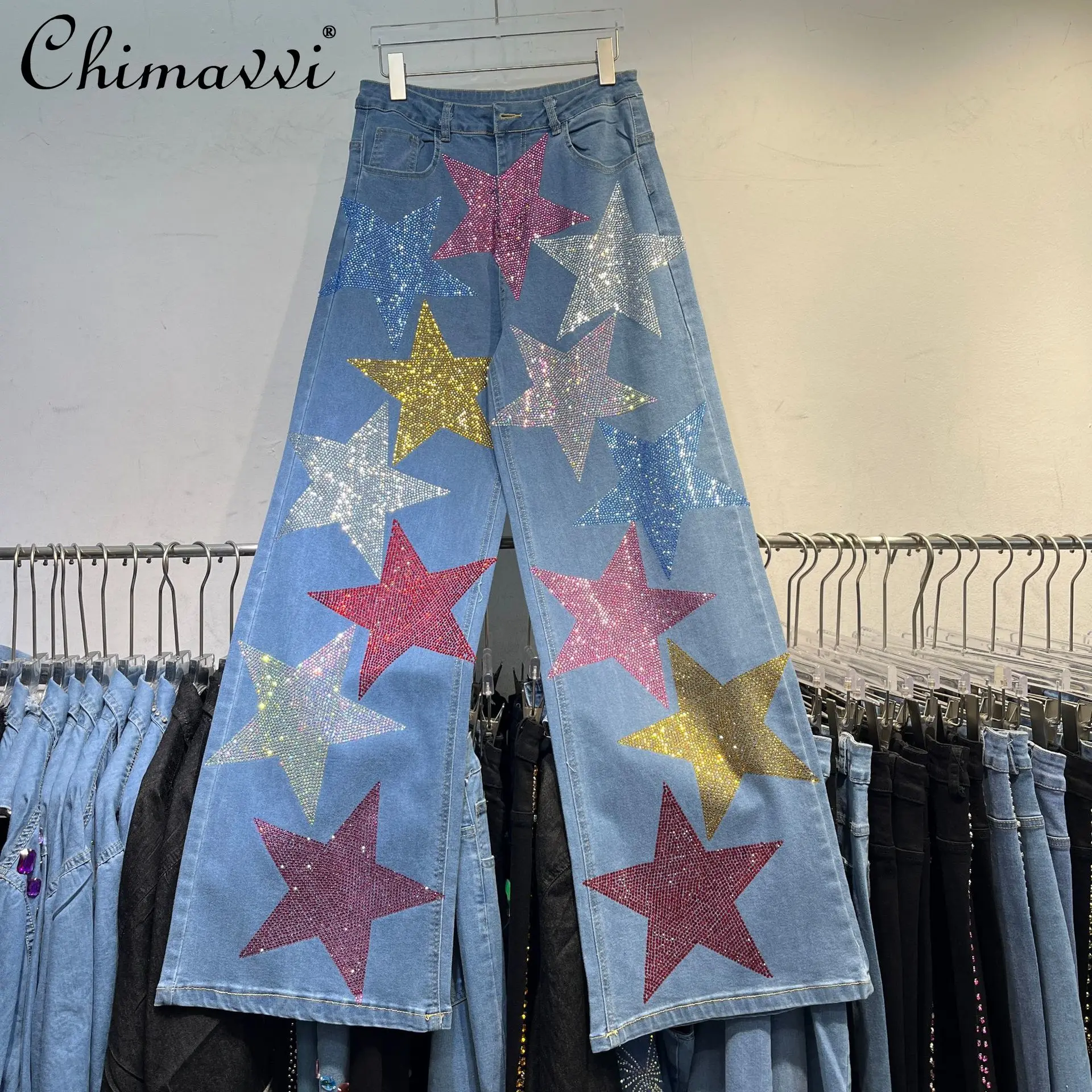 

Fashion Casual Heavy-Industry Star Rhinestone Denim Trousers High Waisted Loose Wide-leg Straight Jeans Women Autumn Long Pants