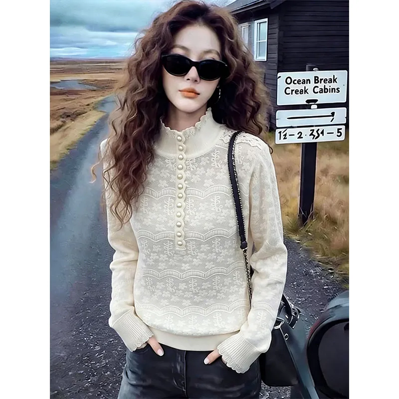 

Женский трикотажный топ с кружевной отделкой и воротником-стойкой, новинка весны 2026, корейский стиль, элегантный базовый топ для ношения под одеждой