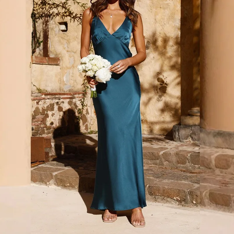 Wedding Guest Dress Evening Spaghetti Strap Dresses Pencil V Neck Slip Dress Sleeveless High Waist Maxi Satin Finish Elegant