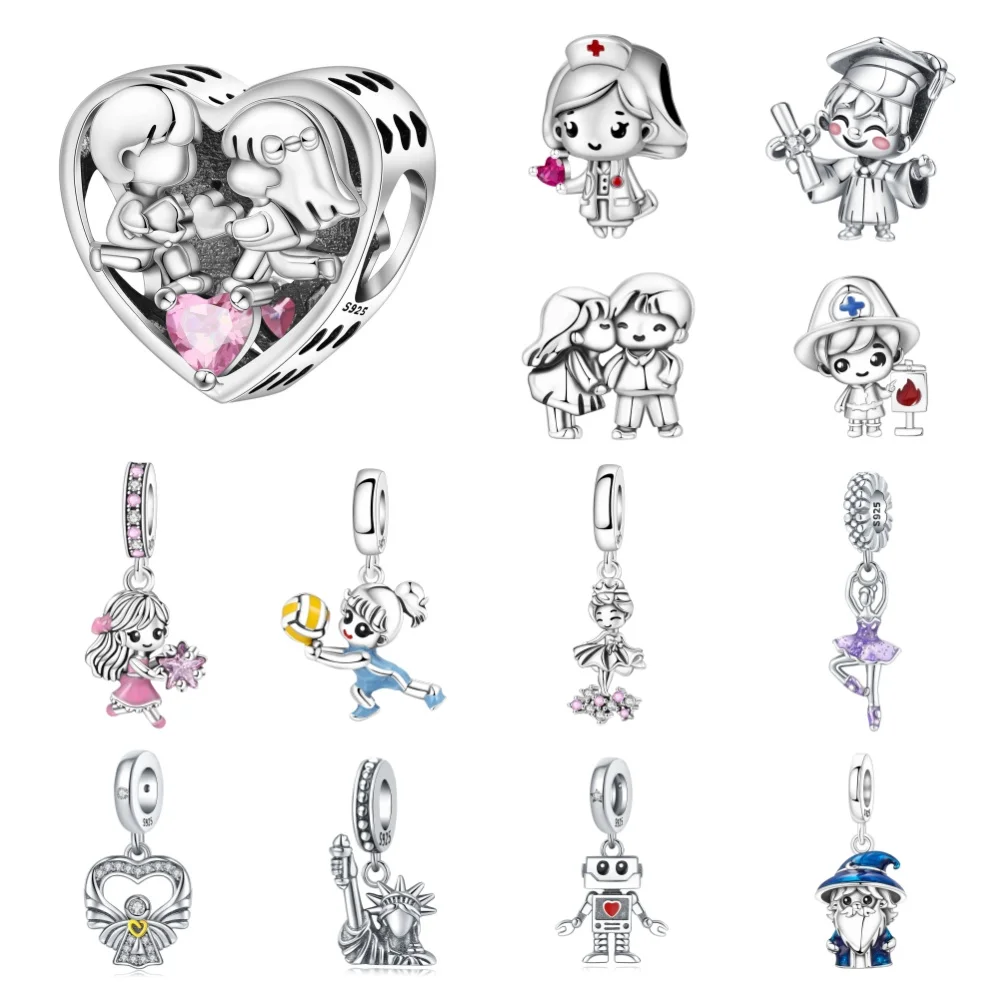 

CYCUFF, новые оригинальные браслеты из стерлингового серебра 925 пробы с персонажем мультфильма, очаровательные бусины, подвеска для медсестры и девушки, сделай сам, подарок на вечеринку для женщин и девочек